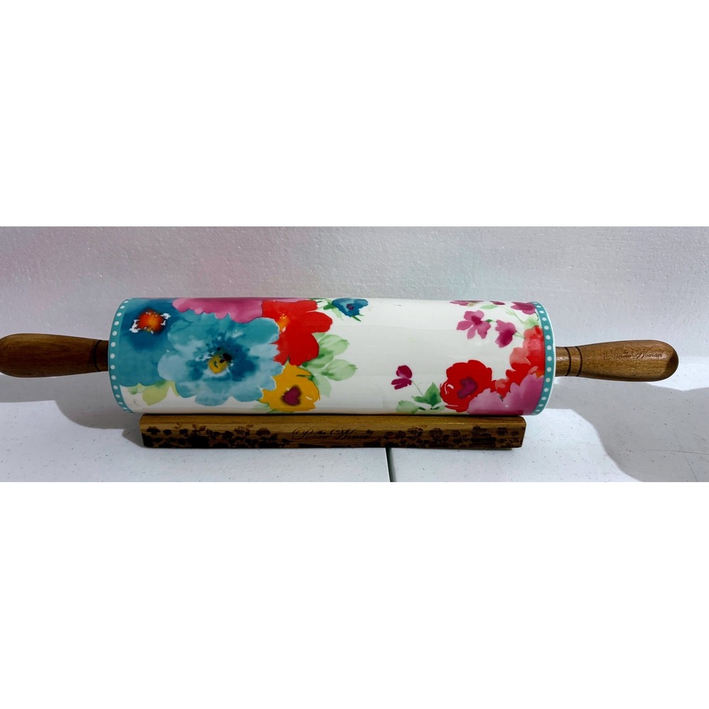 Pioneer Woman Rolling Pin with stand Breezy Blossom Retired, Farmhouse, *damaged